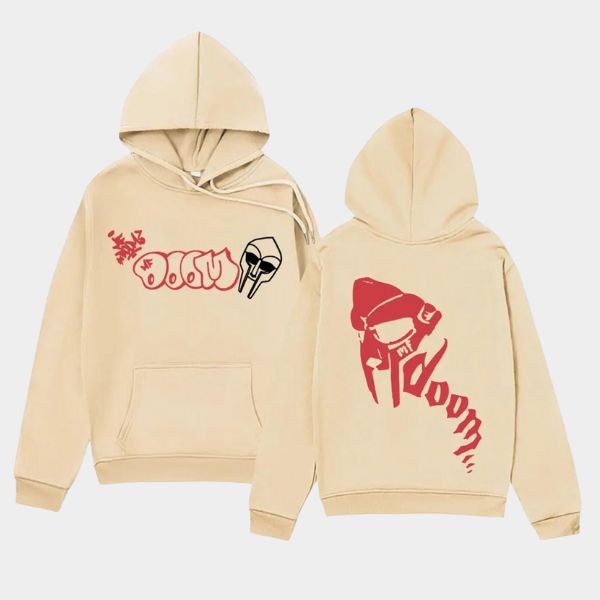 Beige MF DOOM Hoodie with Front & Back Graffiti Prints Beige MF DOOM Hoodie with Front & Back Graffiti Prints